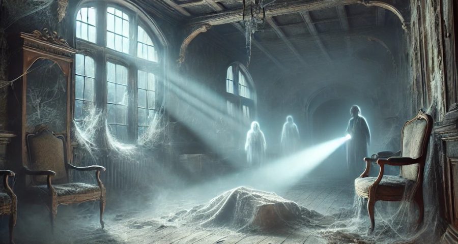 A photorealistic scene of a real ghost hunt inside a long-abandoned, decayed mansion. A lone ghost hunter cautiously explores the eerie space, holding a modern ghost hunting device like a spirit box or EMF reader. The mansion appears untouched for decades, with cobweb-covered walls, broken furniture, and thick dust settling over everything. The only source of light comes from the hunter’s flashlight, casting long shadows. Mist swirls across the wooden floorboards, and a faint ghostly apparition lingers in the background, adding to the chilling atmosphere. This haunting image captures the suspense and isolation of a real ghost hunt.